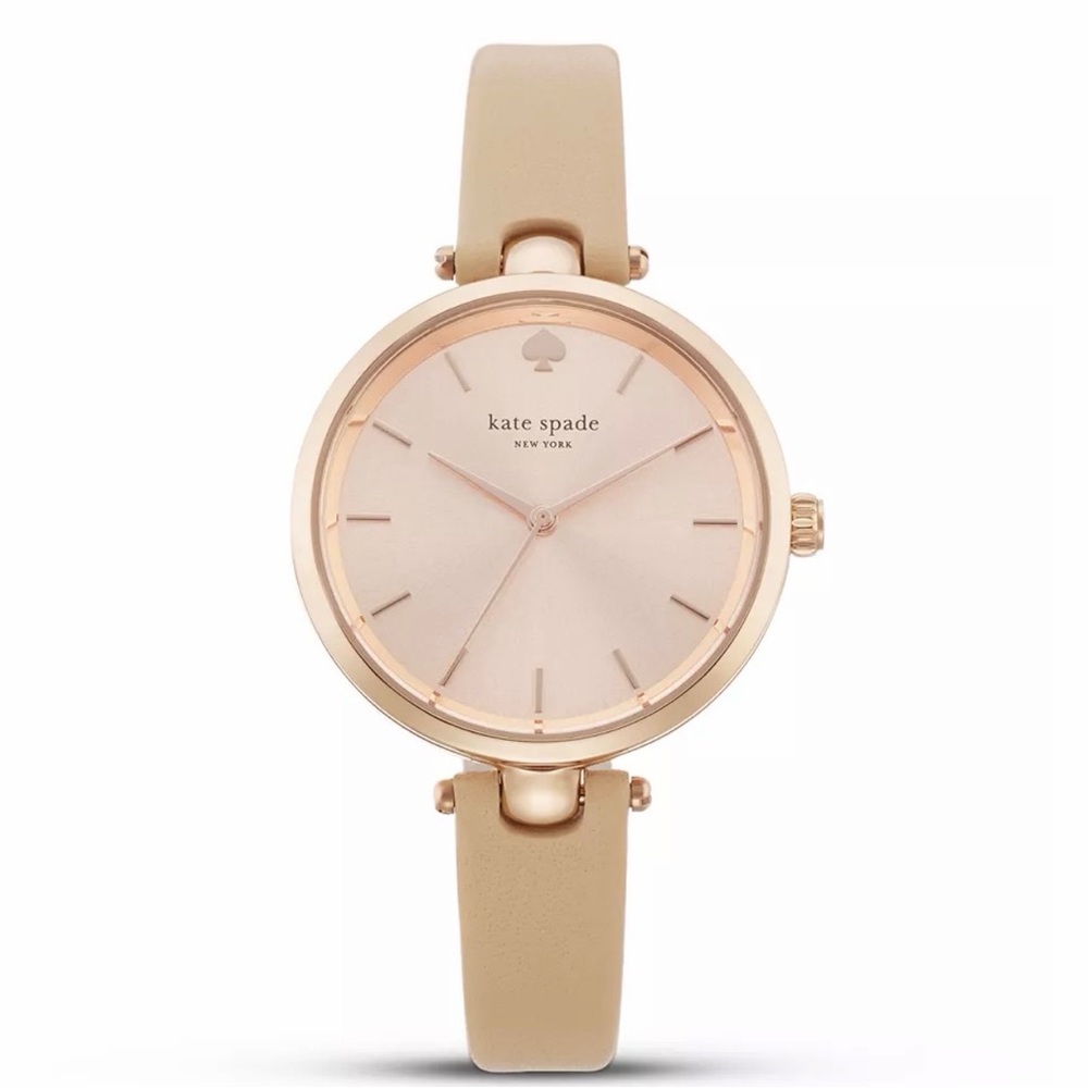 LIKE NEW Kate Spade Beige Leather Strap Rose Gold Dial Women's Watch 34mm